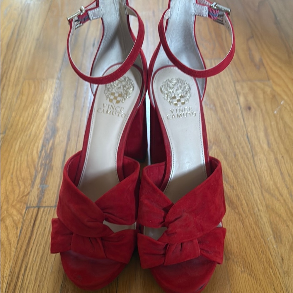 Vince Camuto Red Suede Heels with Bow Detail